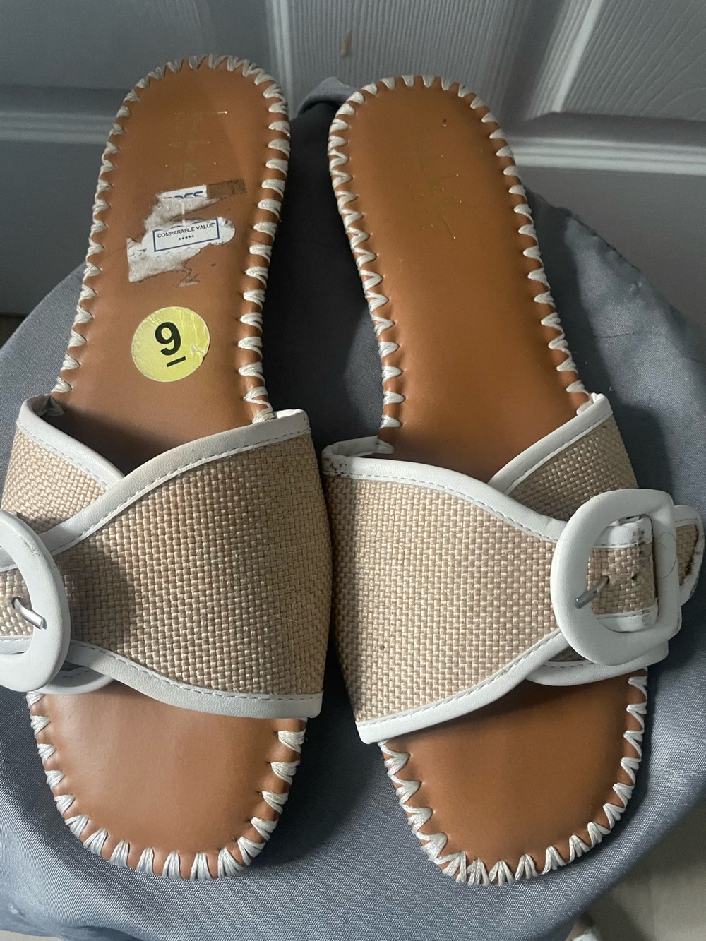 Nicole Miller Beige Woven Slide Sandals with White Trim